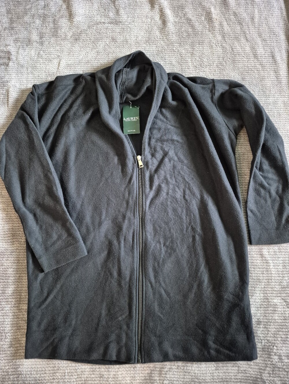Lauren Ralph Lauren Black Full Zip Shawl Collar Cotton Knit Cardigan Sweater L,